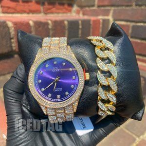 Iced Bling Out Hip Hop Blue Dial Gold Plated Watch, Cuban Bracelet Gift Set